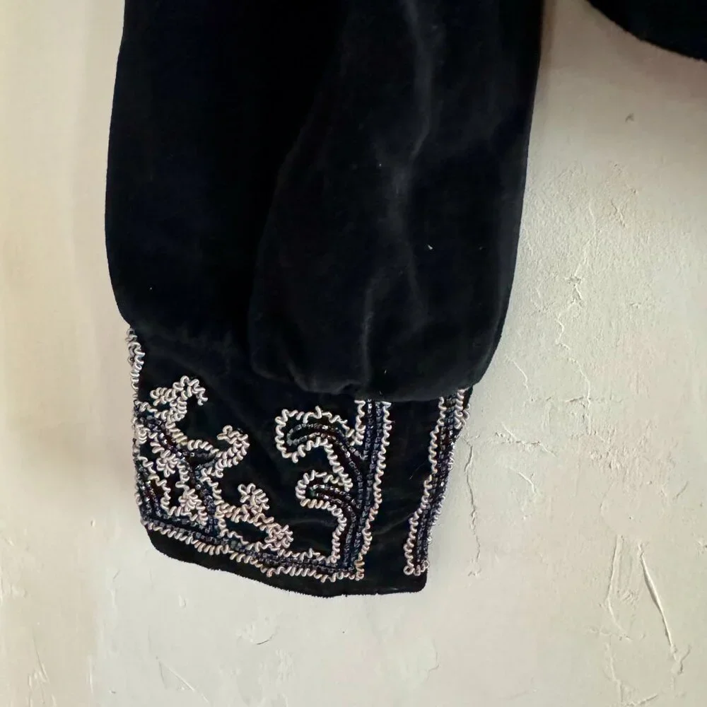 Vintage Bohemian Black Cropped  Velvet Embroidered Beaded Jacket Size S - Picture 9 of 11